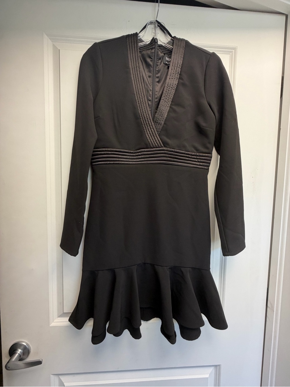 Bardot Black Long-Sleeve V-Neck Ruffle-Hem Dress